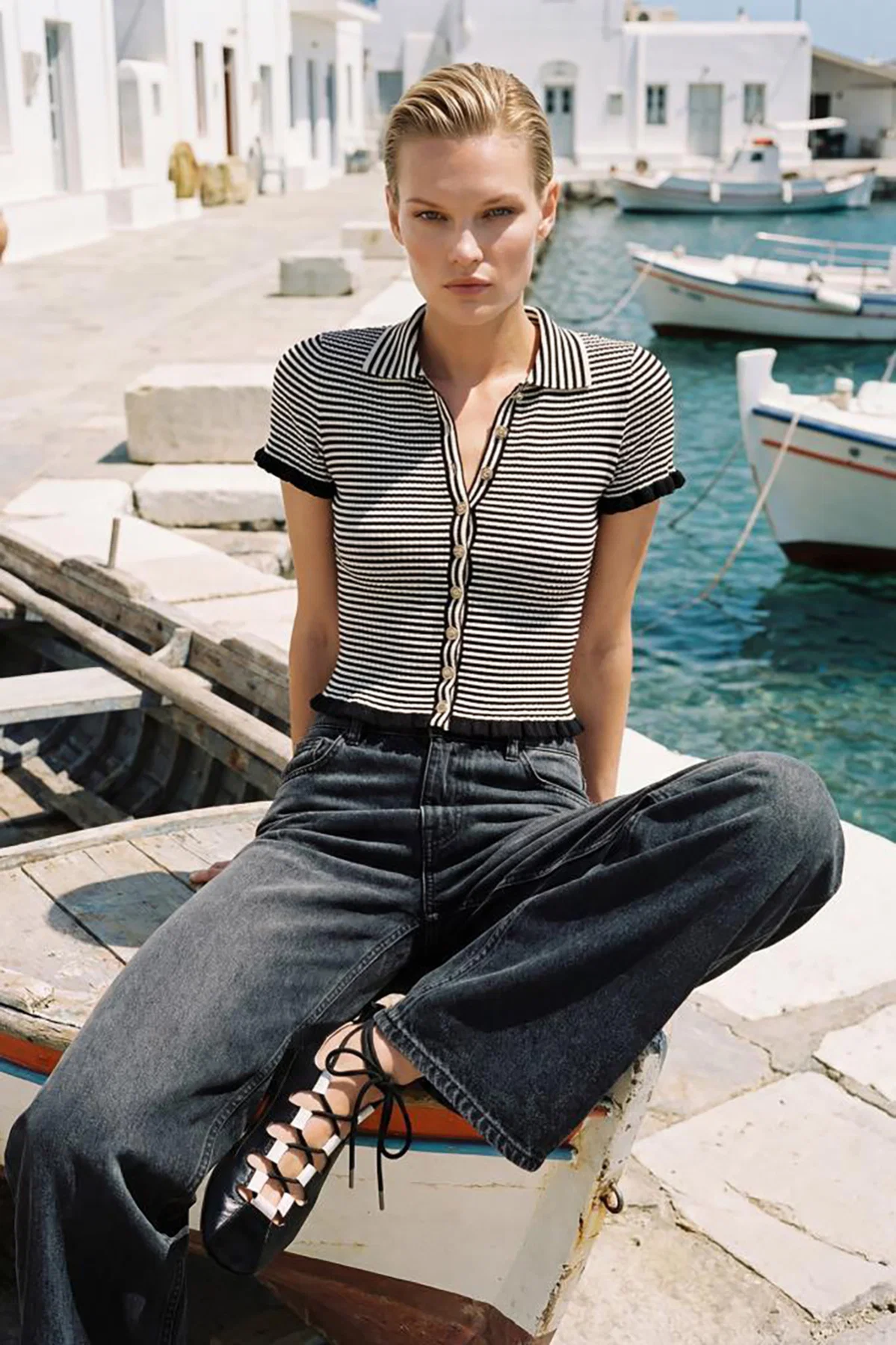 Join Us Kadın Polo Yaka Çizgili Bluz S160 Siyah - 3