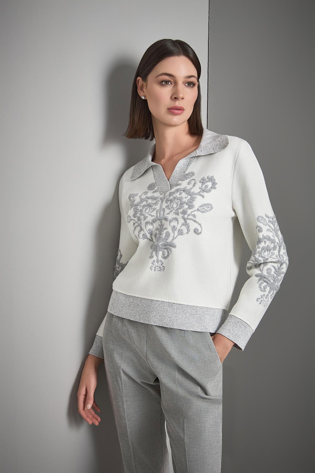 Join Us Kadın Polo Yaka Desenli Triko Kazak W156 Gri - 1