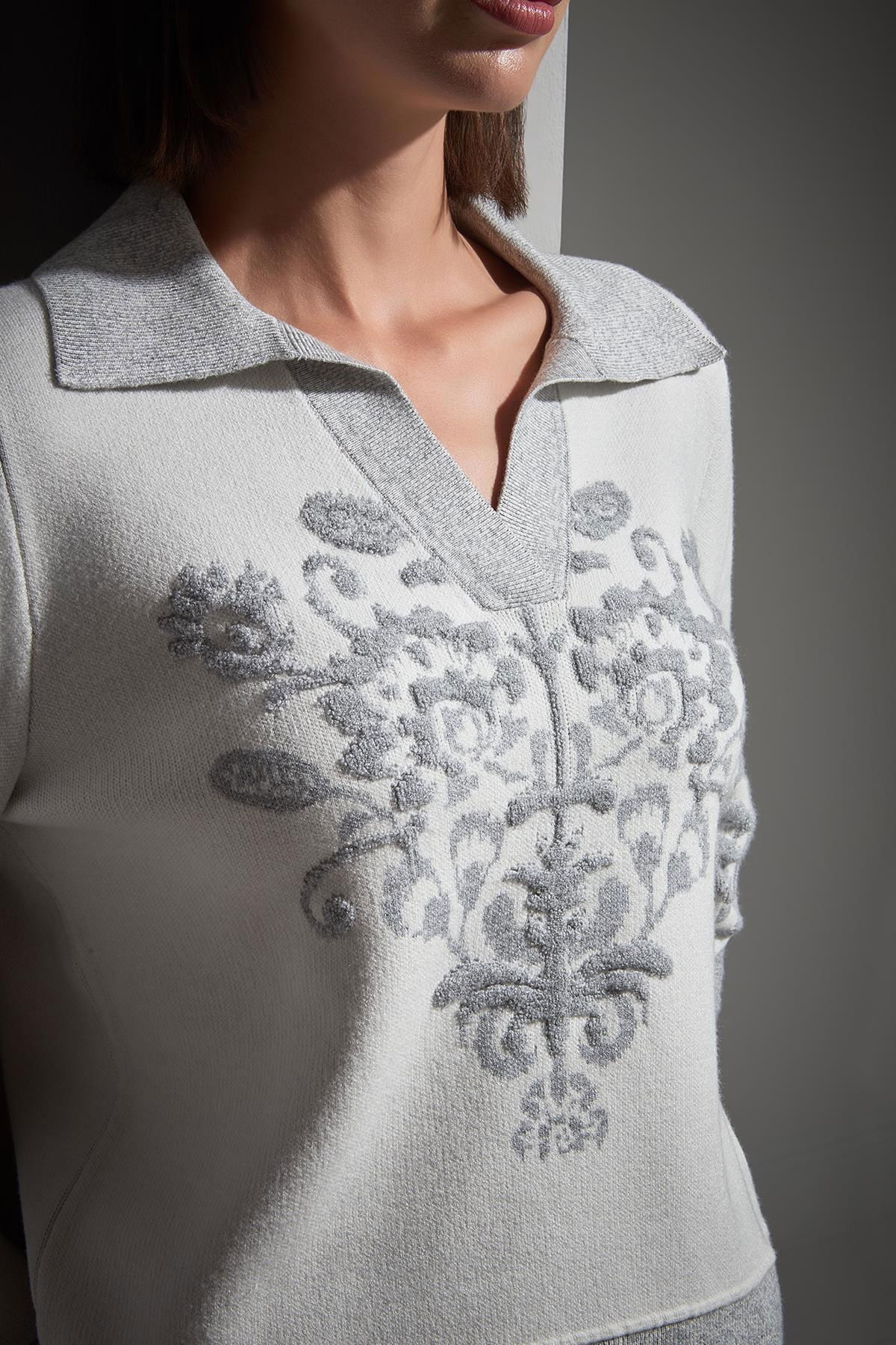 Join Us Kadın Polo Yaka Desenli Triko Kazak W156 Gri - 3