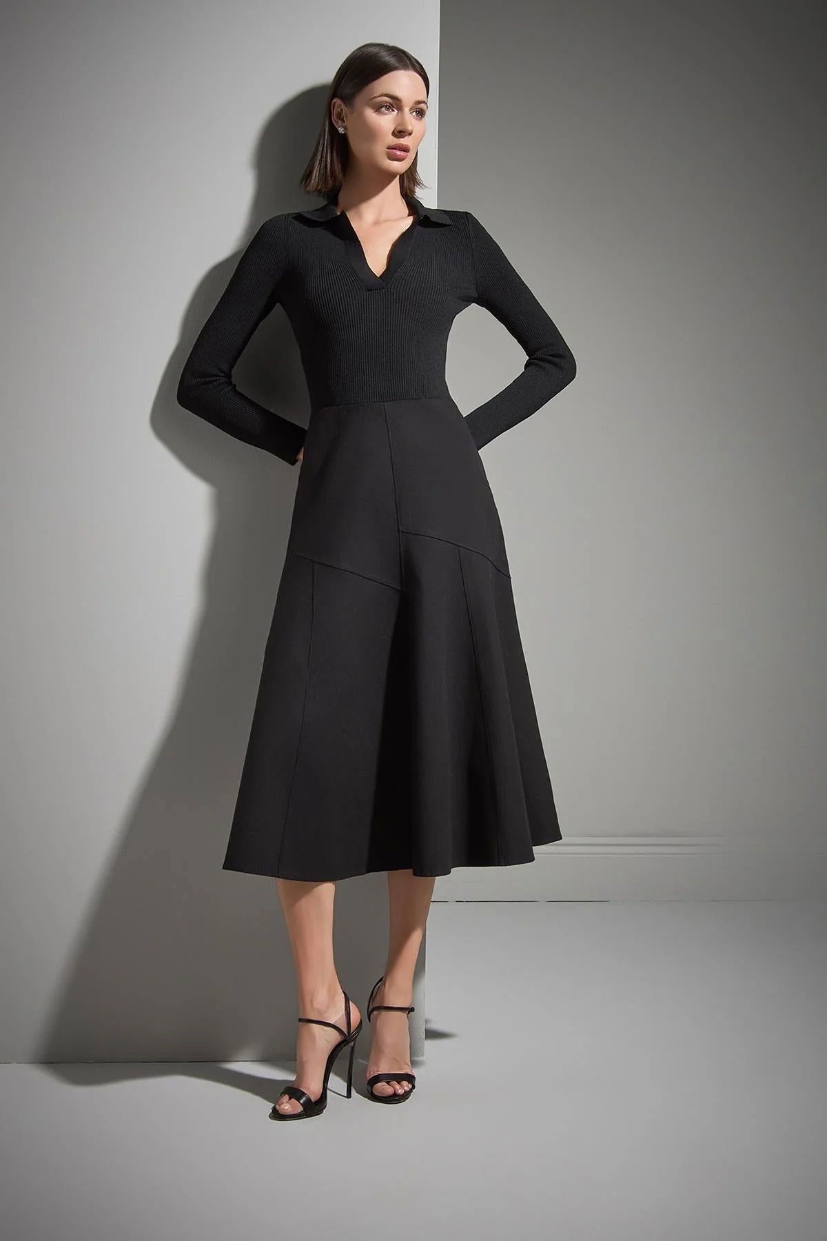 Join Us Kadın Polo Yaka Kumaş Etekli Triko Elbise W013 Siyah - 1