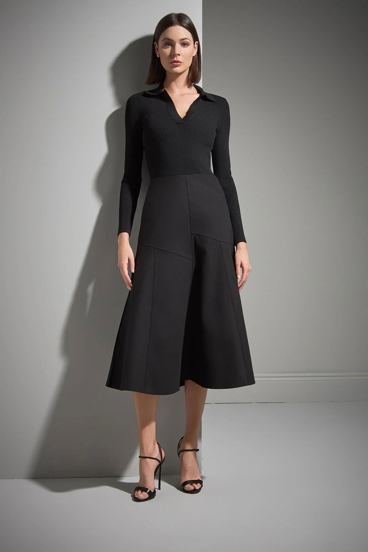 Join Us Kadın Polo Yaka Kumaş Etekli Triko Elbise W013 Siyah - 2
