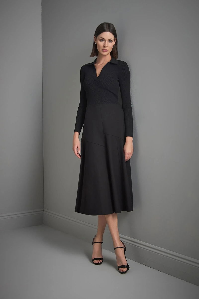 Join Us Kadın Polo Yaka Kumaş Etekli Triko Elbise W013 Siyah - 3
