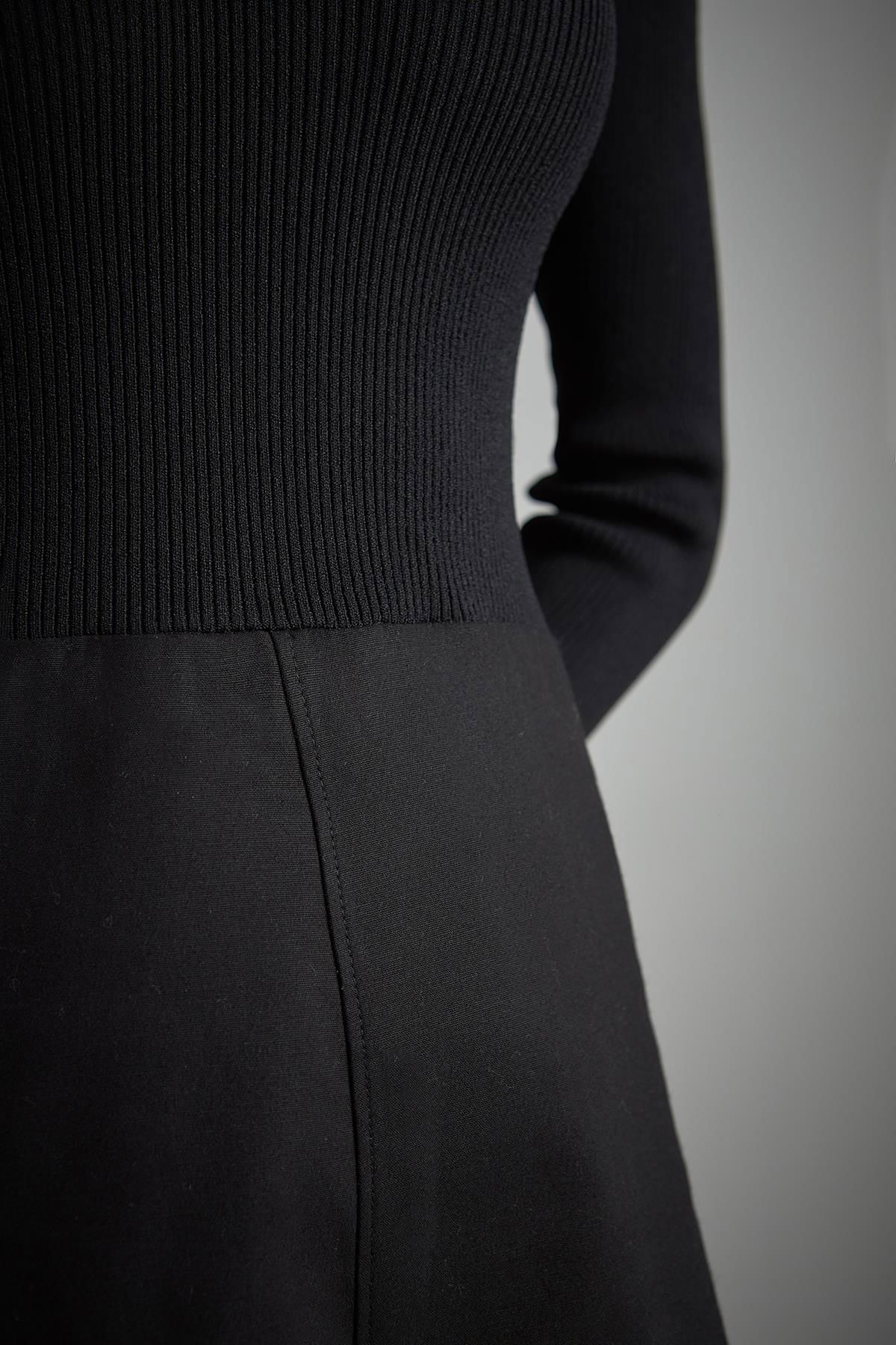 Join Us Kadın Polo Yaka Kumaş Etekli Triko Elbise W013 Siyah - 4