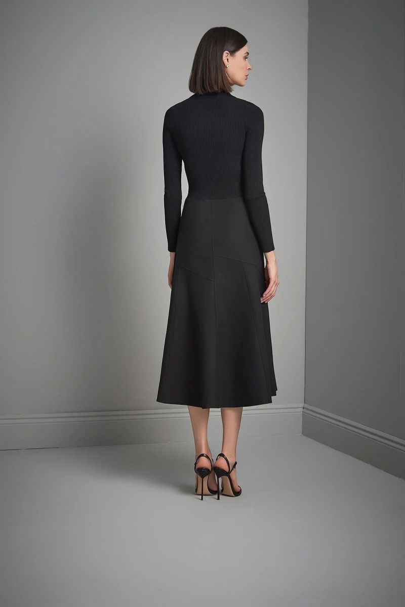 Join Us Kadın Polo Yaka Kumaş Etekli Triko Elbise W013 Siyah - 5