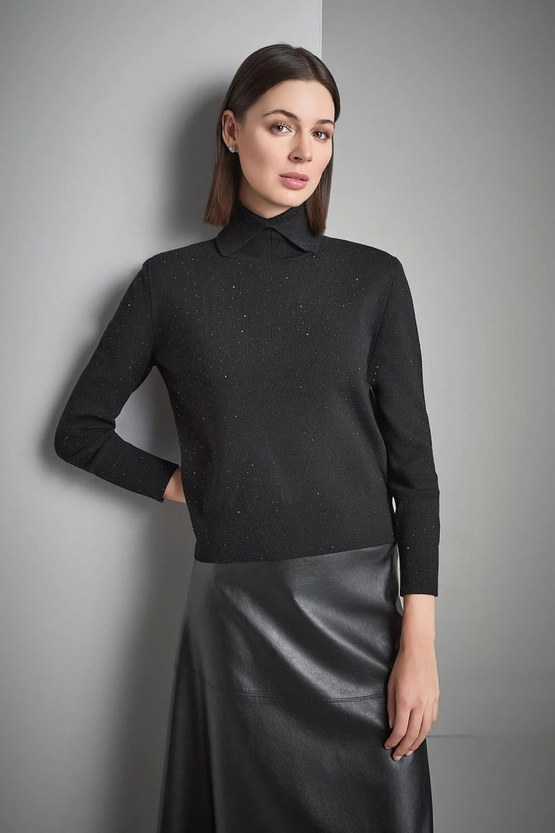 Join Us Kadın Polo Yaka Taş Baskılı Triko Kazak W227 Siyah - 2