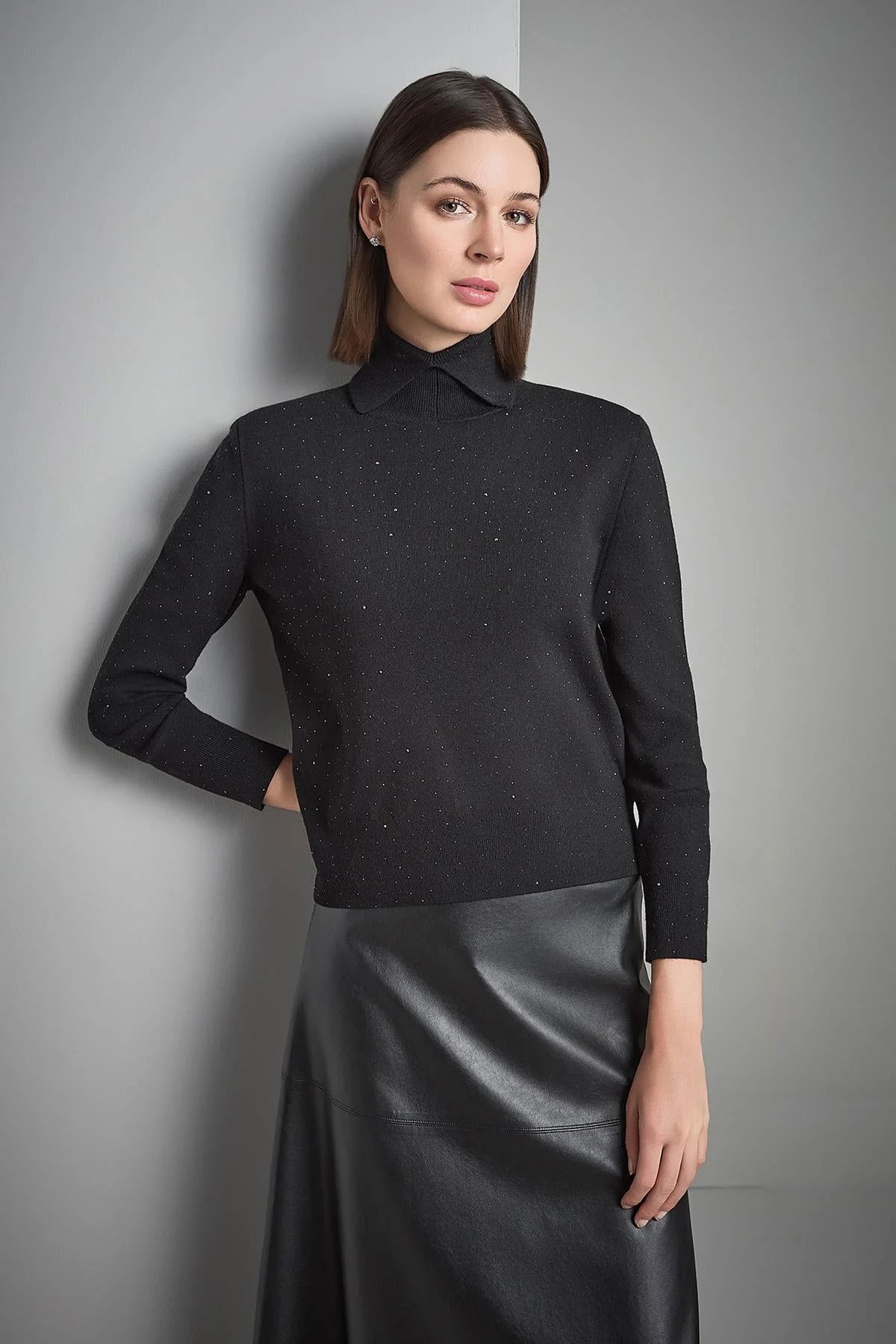 Join Us Kadın Polo Yaka Taş Baskılı Triko Kazak W227 Siyah - 2