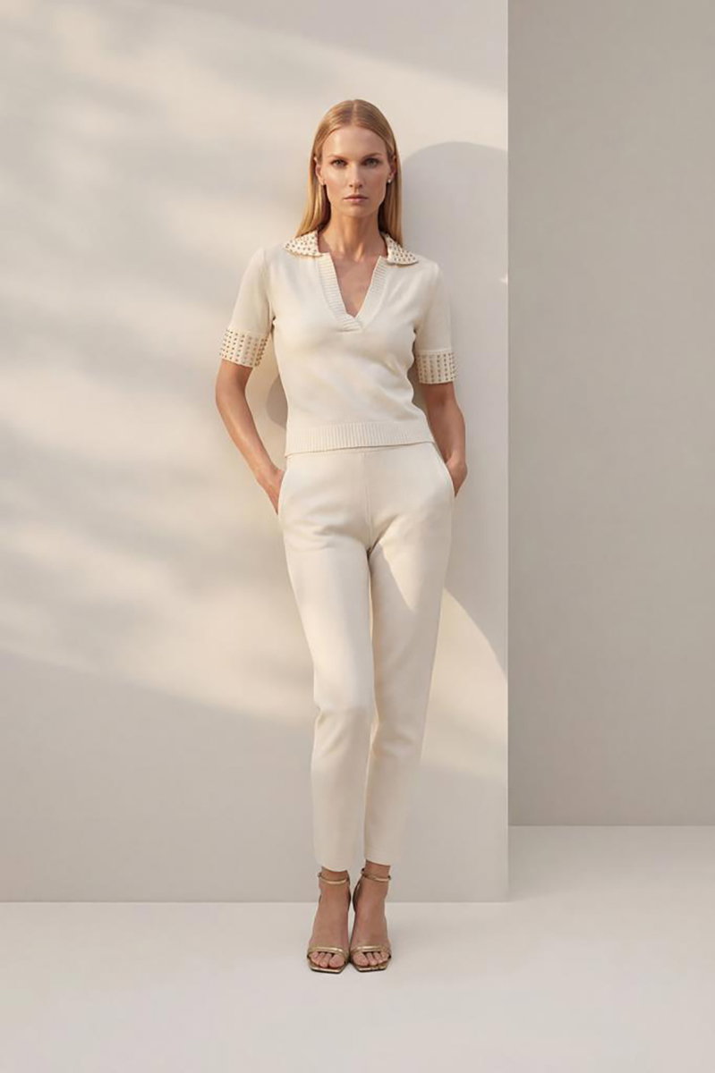 Join Us Kadın Polo Yaka Trok Baskılı Bluz S153 Ekru - 4