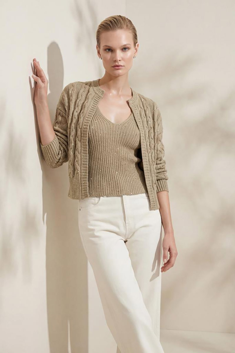 Join Us Kadın Saç Örgü Detaylı Pullu Hırka S026 Bej - 2