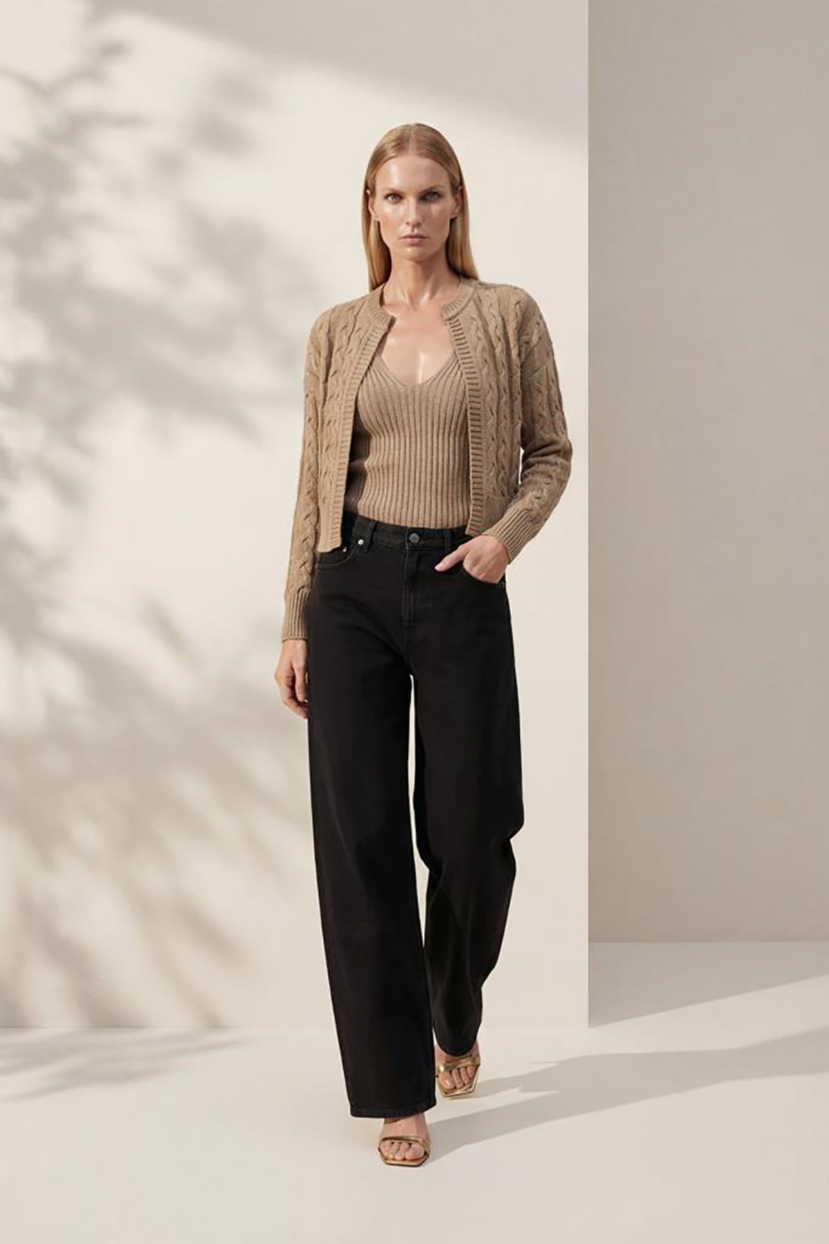Join Us Kadın Saç Örgü Detaylı Pullu Hırka S026 Bej - 3