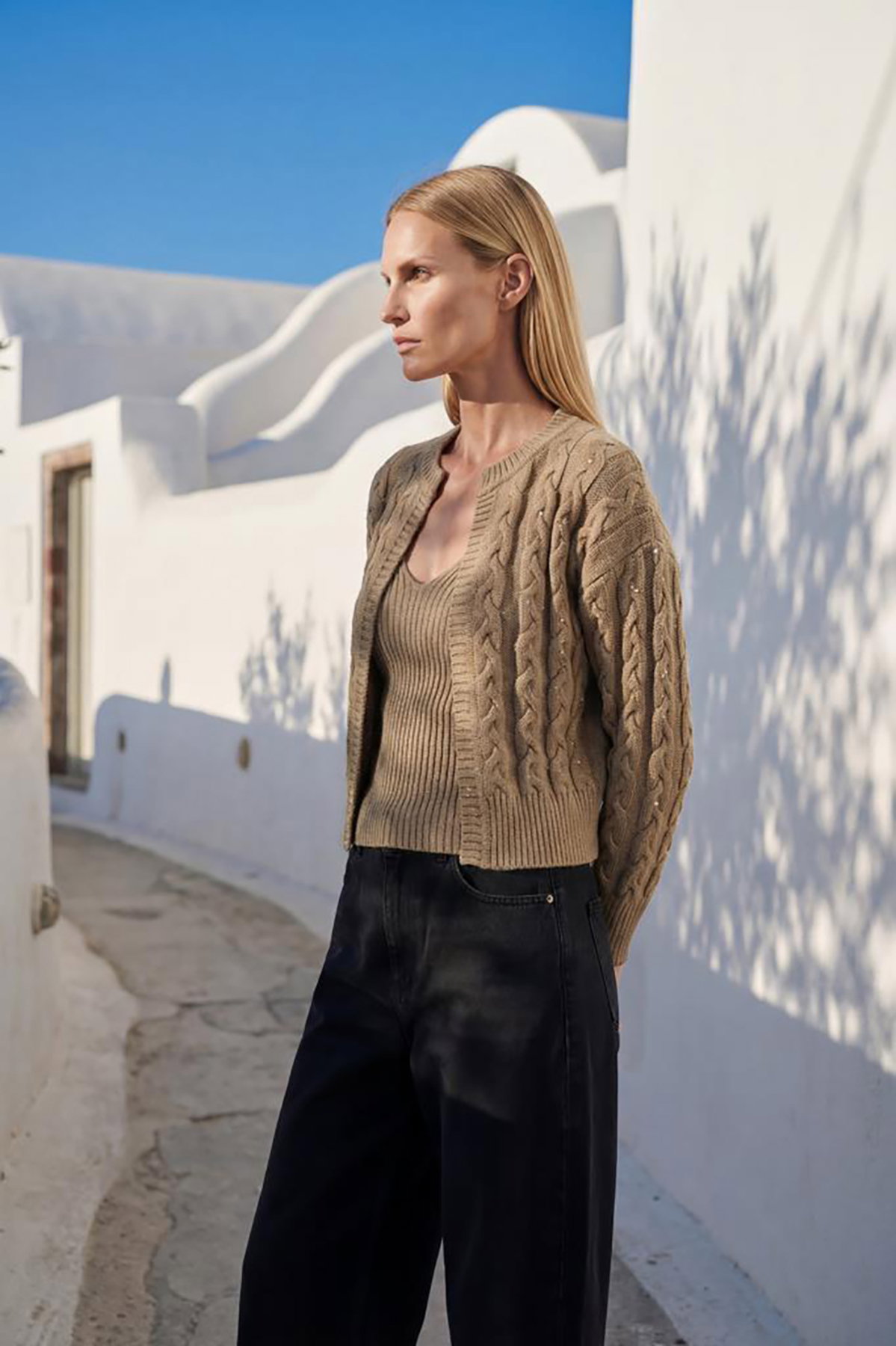 Join Us Kadın Saç Örgü Detaylı Pullu Hırka S026 Bej - 4