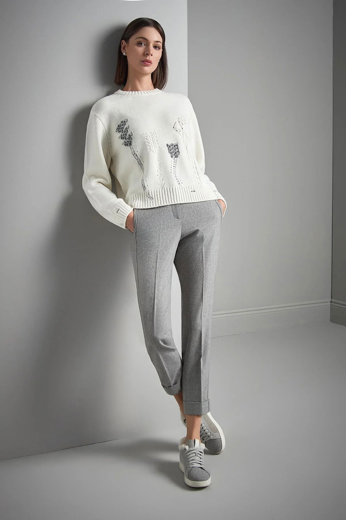 Join Us Kadın Sim Detaylı Desenli Triko Kazak W064 Ekru - 1