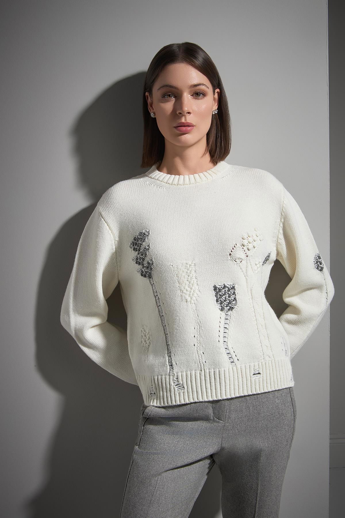 Join Us Kadın Sim Detaylı Desenli Triko Kazak W064 Ekru - 3