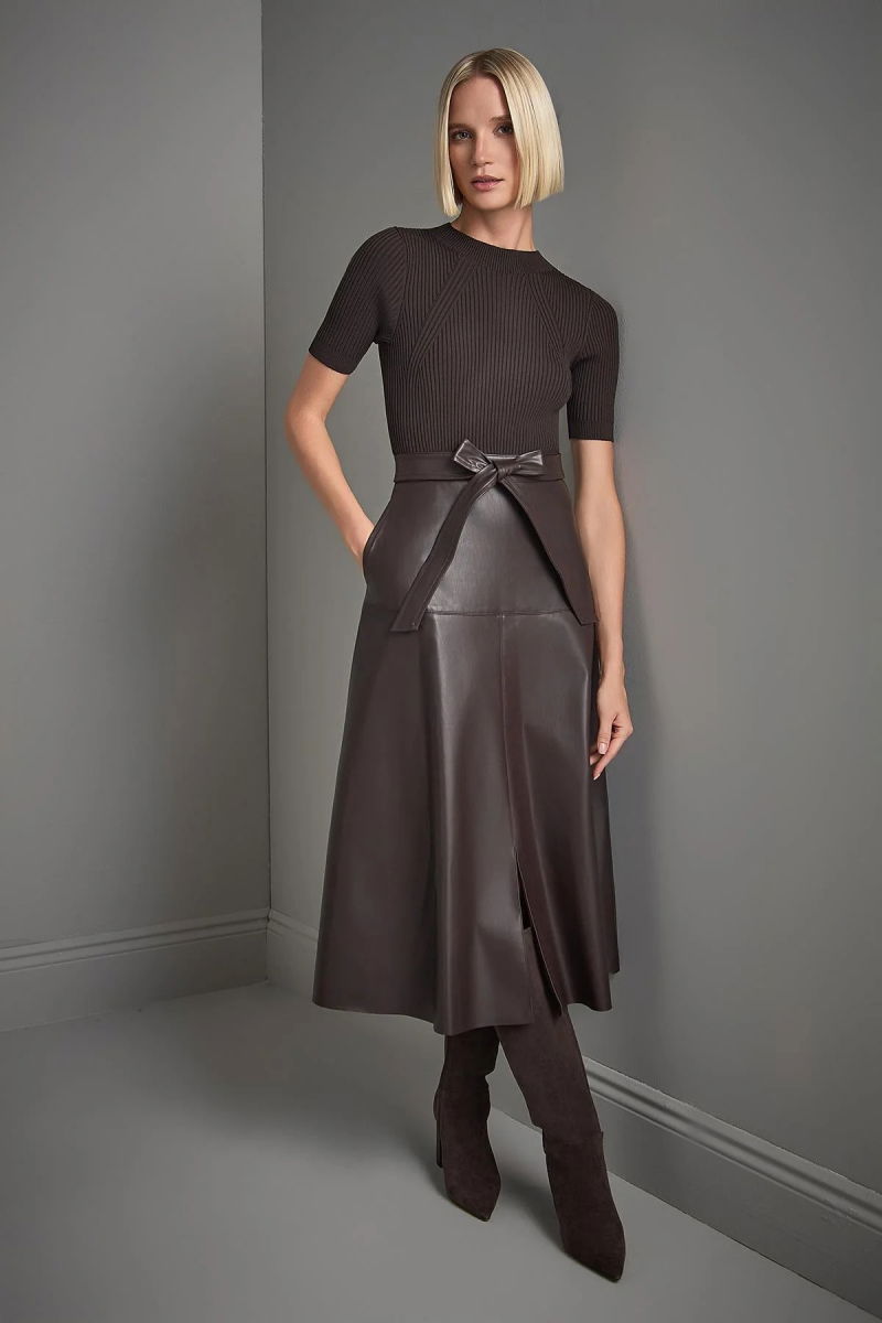 Join Us Kadın Suni Deri Etekli Triko Elbise W099 Kahverengi - 4