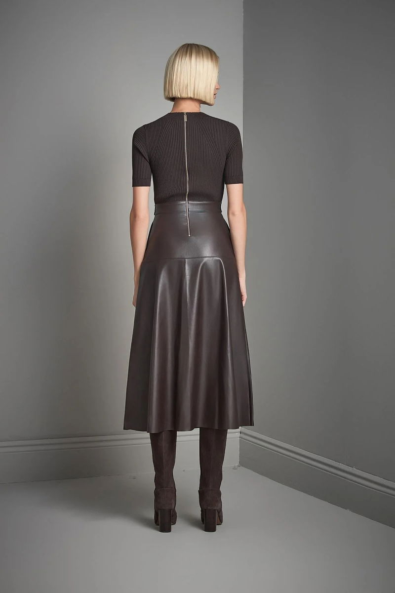 Join Us Kadın Suni Deri Etekli Triko Elbise W099 Kahverengi - 5