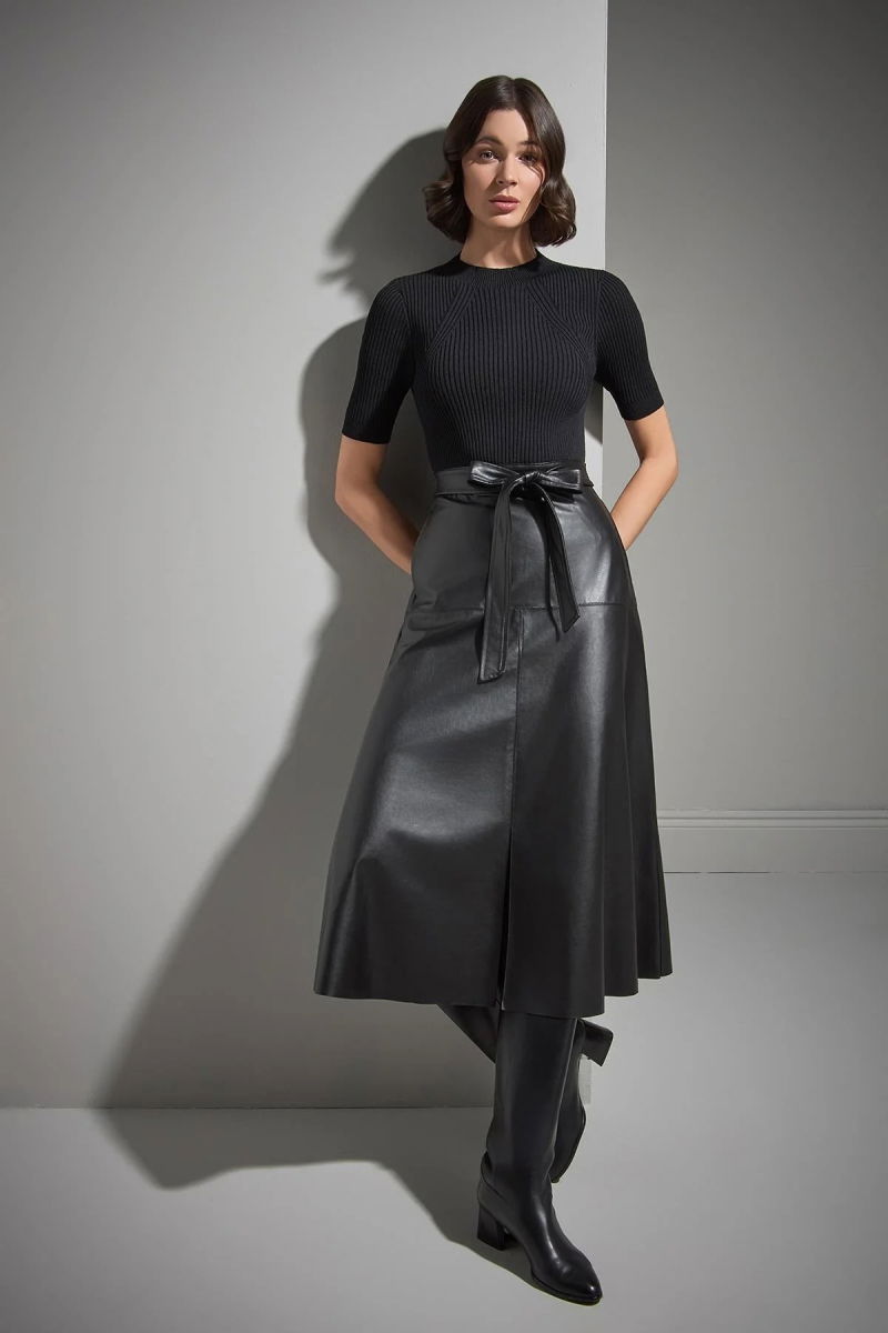 Join Us Kadın Suni Deri Etekli Triko Elbise W099 Siyah - Join Us