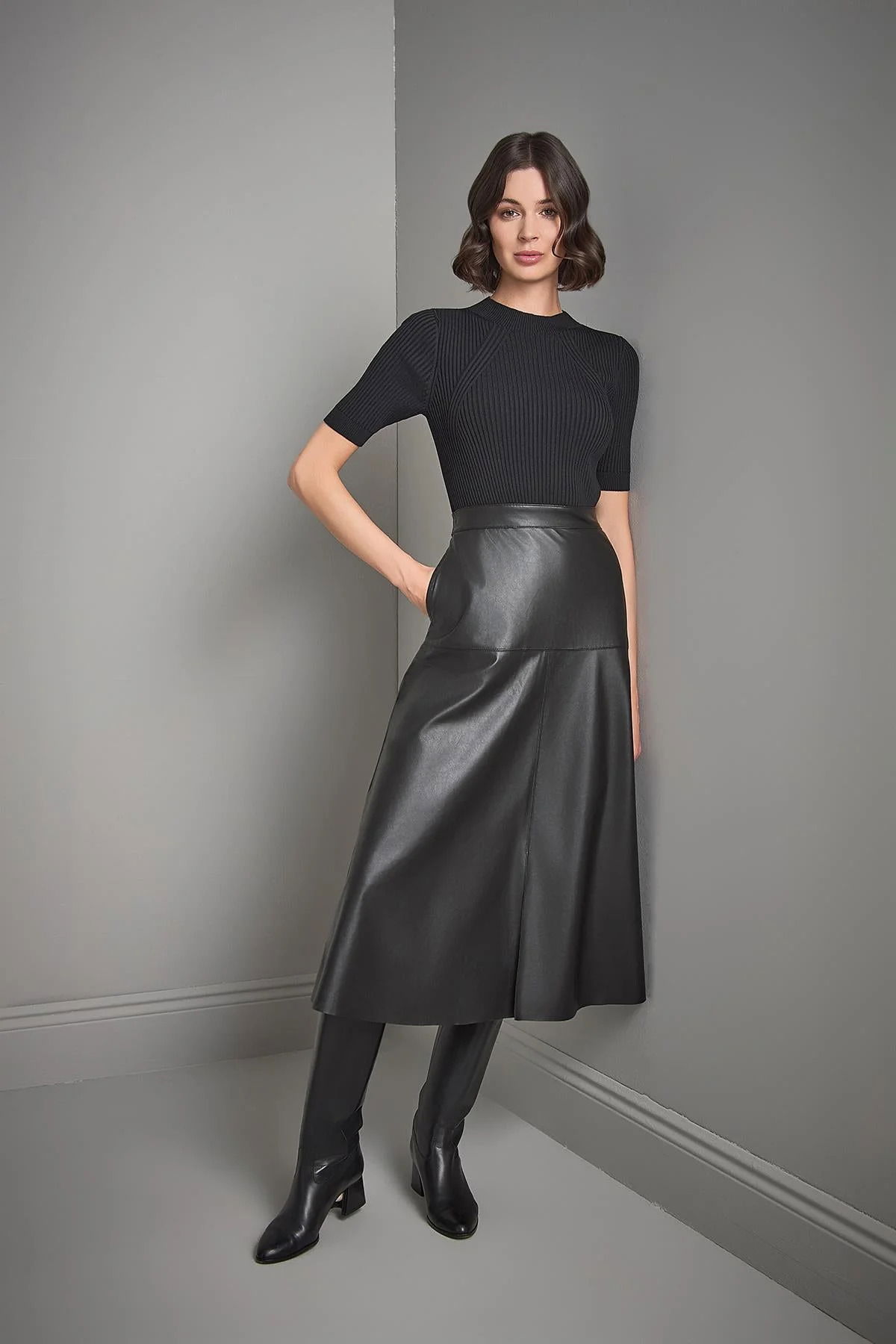 Join Us Kadın Suni Deri Etekli Triko Elbise W099 Siyah - 3