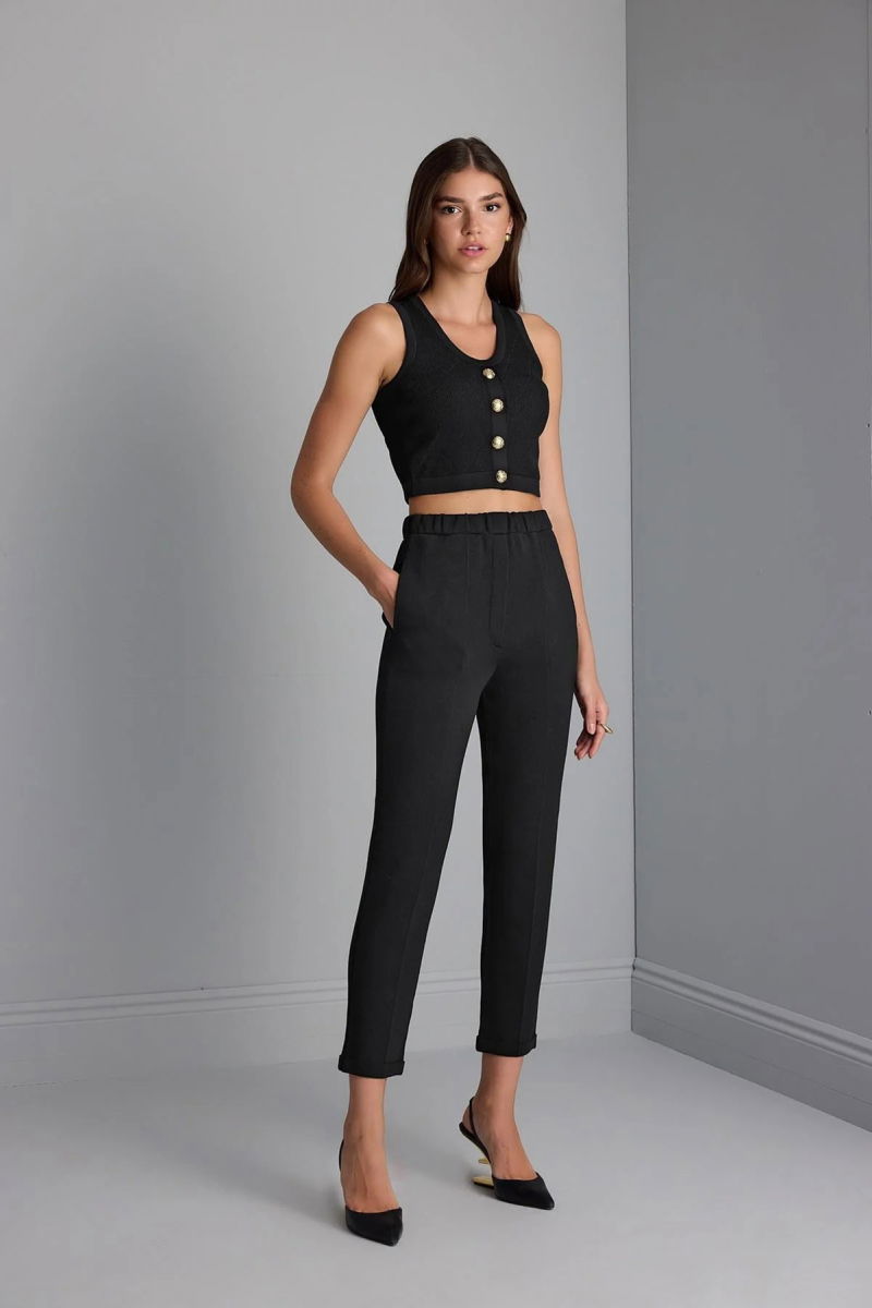 Join Us Kadın Süs Düğme Detaylı Triko Crop Top W141 Siyah - 2