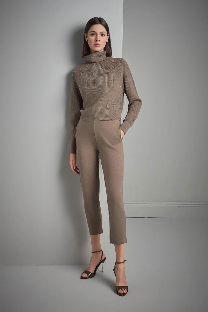 Join Us Kadın Taş Baskılı Boğazlı Triko Kazak W221 Kahverengi - Join Us