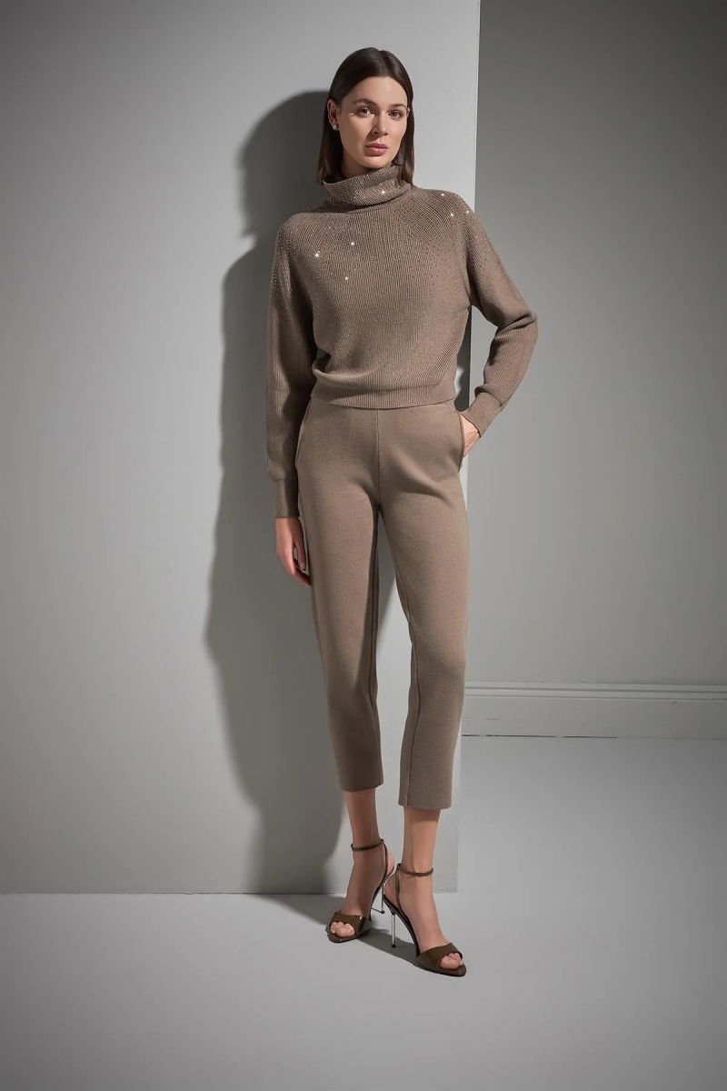 Join Us Kadın Taş Baskılı Boğazlı Triko Kazak W221 Kahverengi - 4