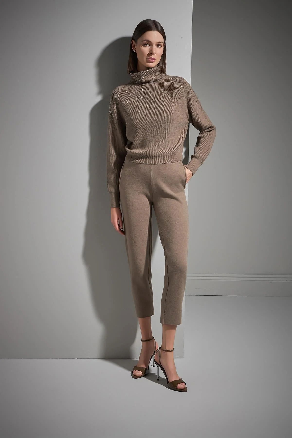 Join Us Kadın Taş Baskılı Boğazlı Triko Kazak W221 Kahverengi - 4