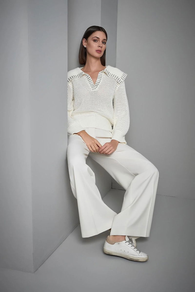 Join Us Kadın Taş Baskılı Geniş Yaka Triko Kazak W082 Ekru - Join Us