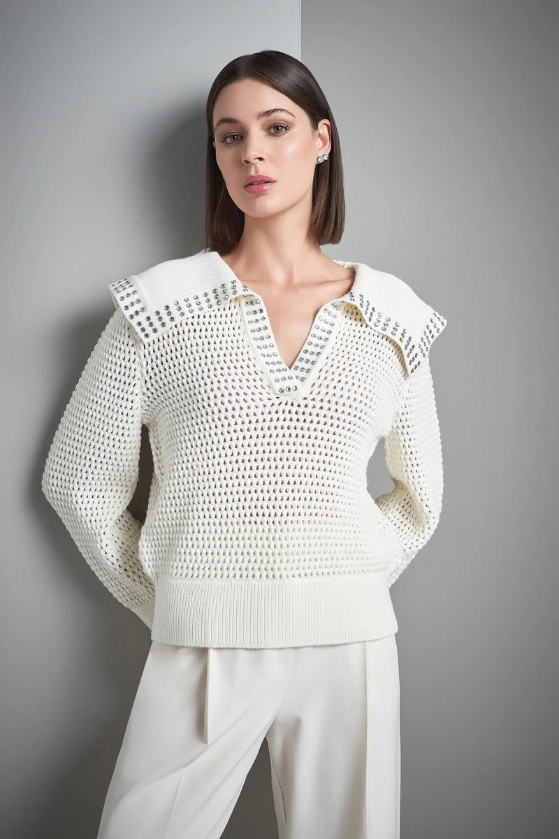 Join Us Kadın Taş Baskılı Geniş Yaka Triko Kazak W082 Ekru - 2