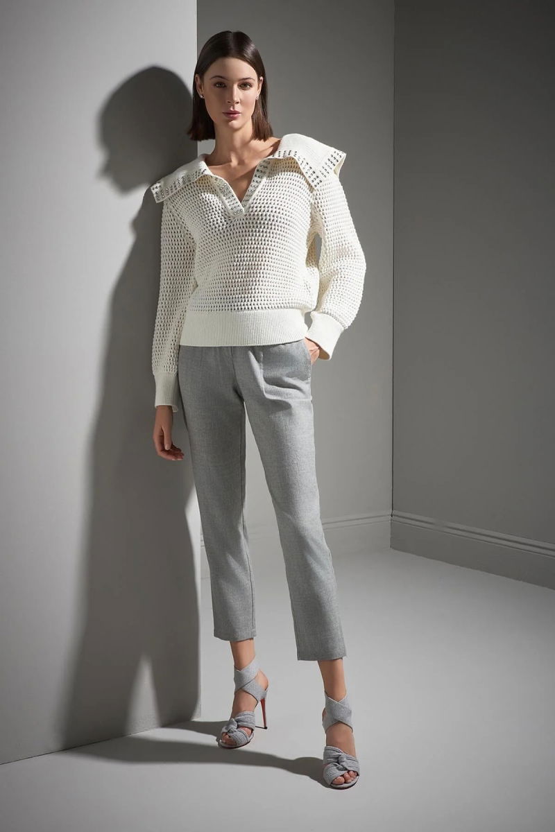 Join Us Kadın Taş Baskılı Geniş Yaka Triko Kazak W082 Ekru - 3