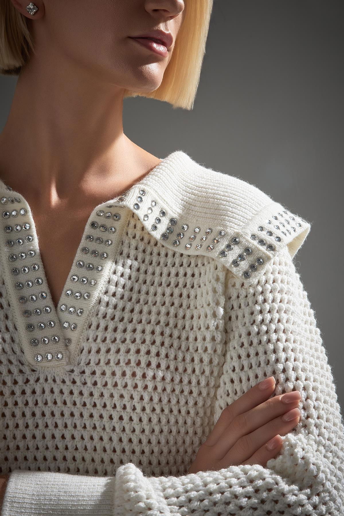 Join Us Kadın Taş Baskılı Geniş Yaka Triko Kazak W082 Ekru - 4