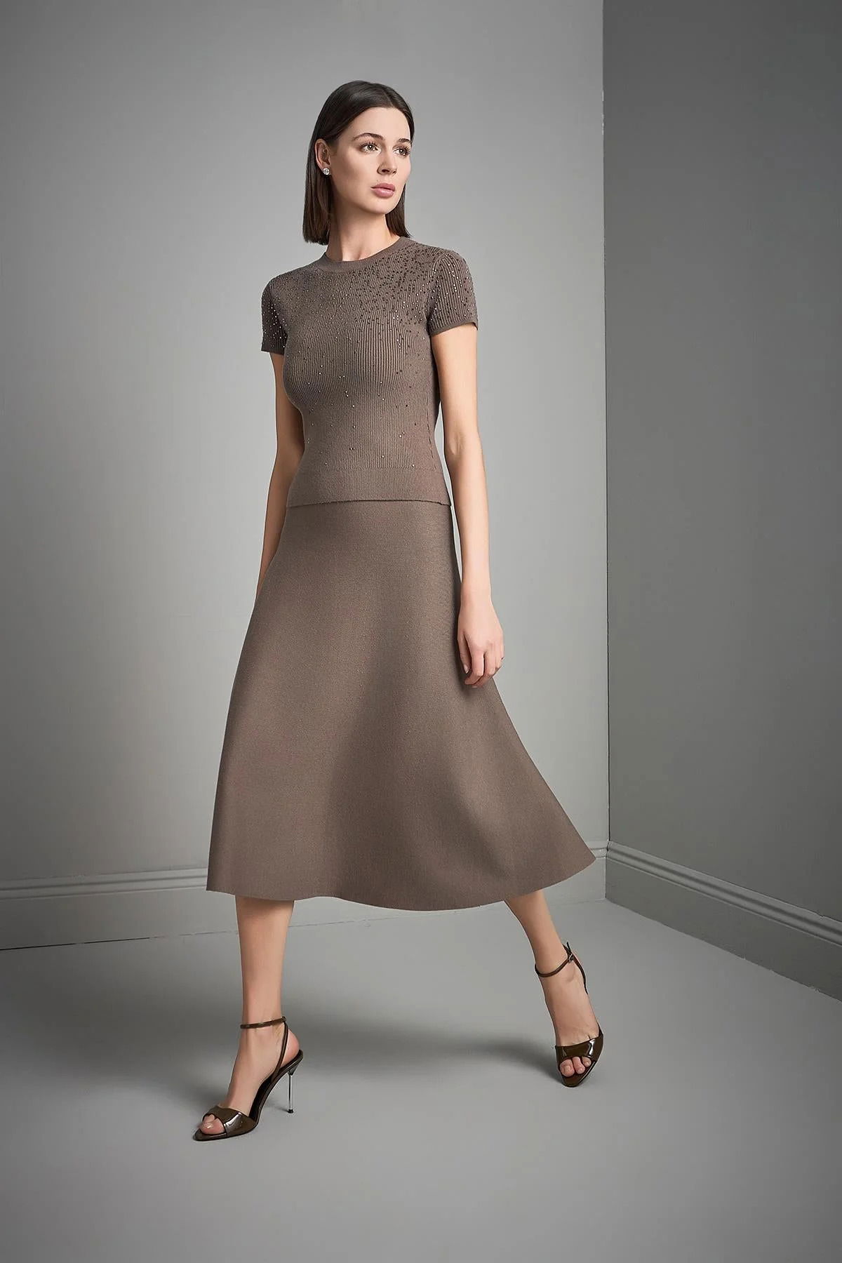 Join Us Kadın Taş Baskılı Kısa Kollu Triko Bluz W185 Kahverengi - 4