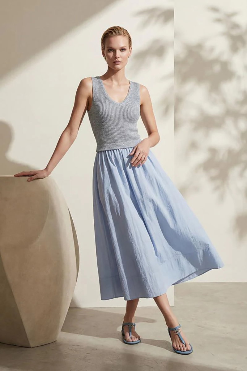 Join Us Kadın V Yaka Kumaş Etekli Midi Elbise S095 Mavi - Join Us