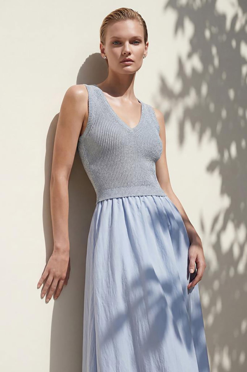 Join Us Kadın V Yaka Kumaş Etekli Midi Elbise S095 Mavi - 2