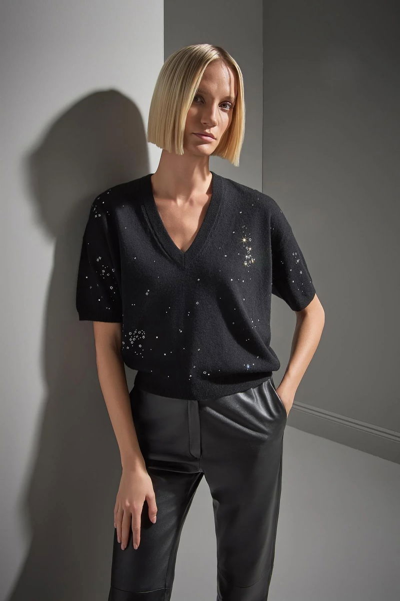 Join Us Kadın V Yaka Taş Baskılı Triko Kazak W198 Siyah - 2