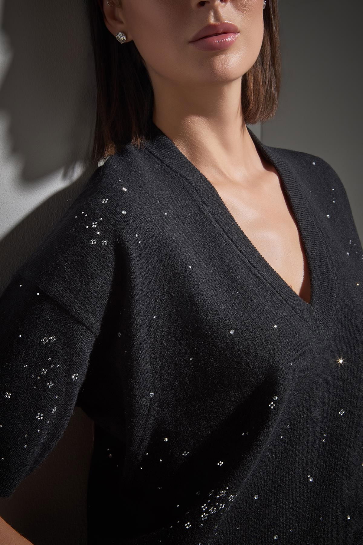 Join Us Kadın V Yaka Taş Baskılı Triko Kazak W198 Siyah - 3