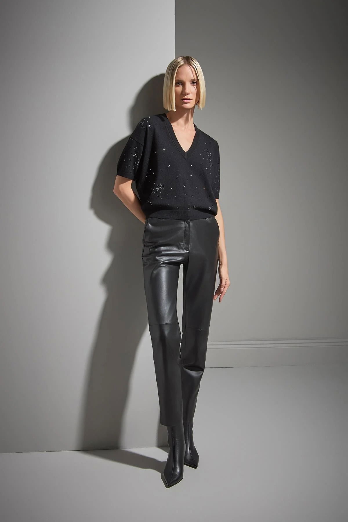 Join Us Kadın V Yaka Taş Baskılı Triko Kazak W198 Siyah - 4