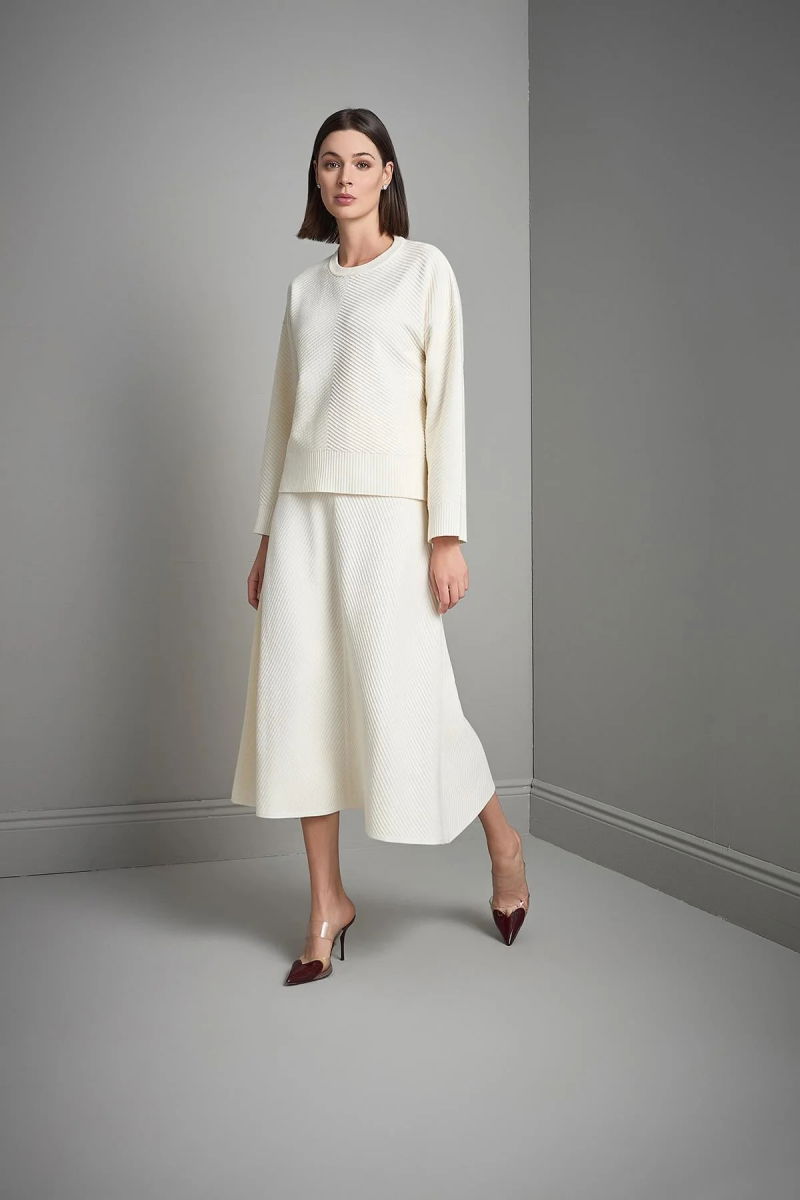 Join Us Kadın Verev Desenli Kloş Midi Triko Etek W120 Ekru - Join Us