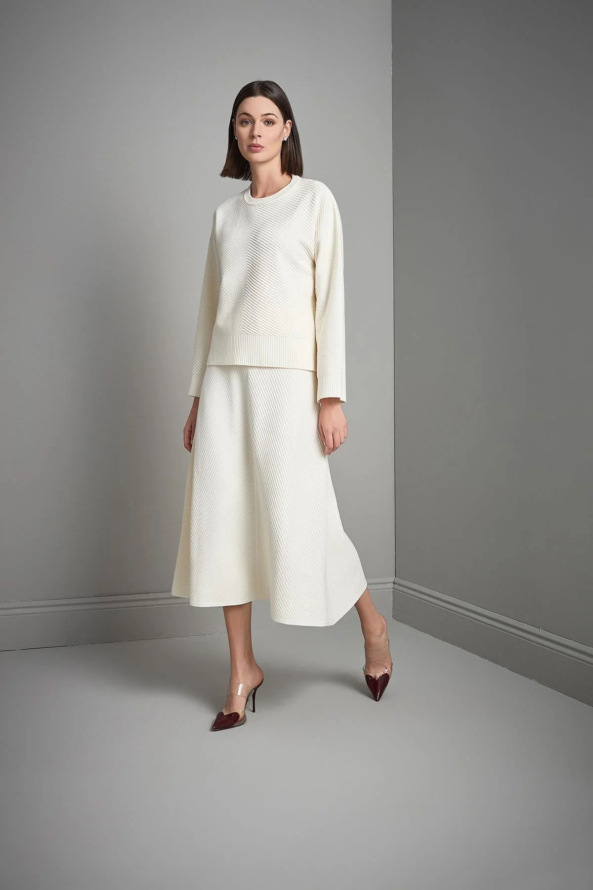 Join Us Kadın Verev Desenli Kloş Midi Triko Etek W120 Ekru - 1