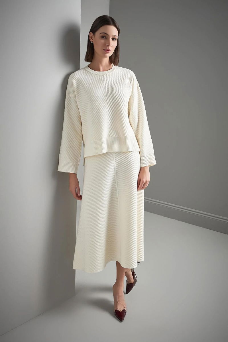 Join Us Kadın Verev Desenli Kloş Midi Triko Etek W120 Ekru - 2