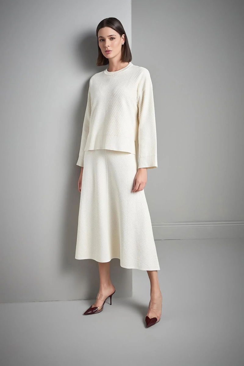 Join Us Kadın Verev Desenli Kloş Midi Triko Etek W120 Ekru - 3