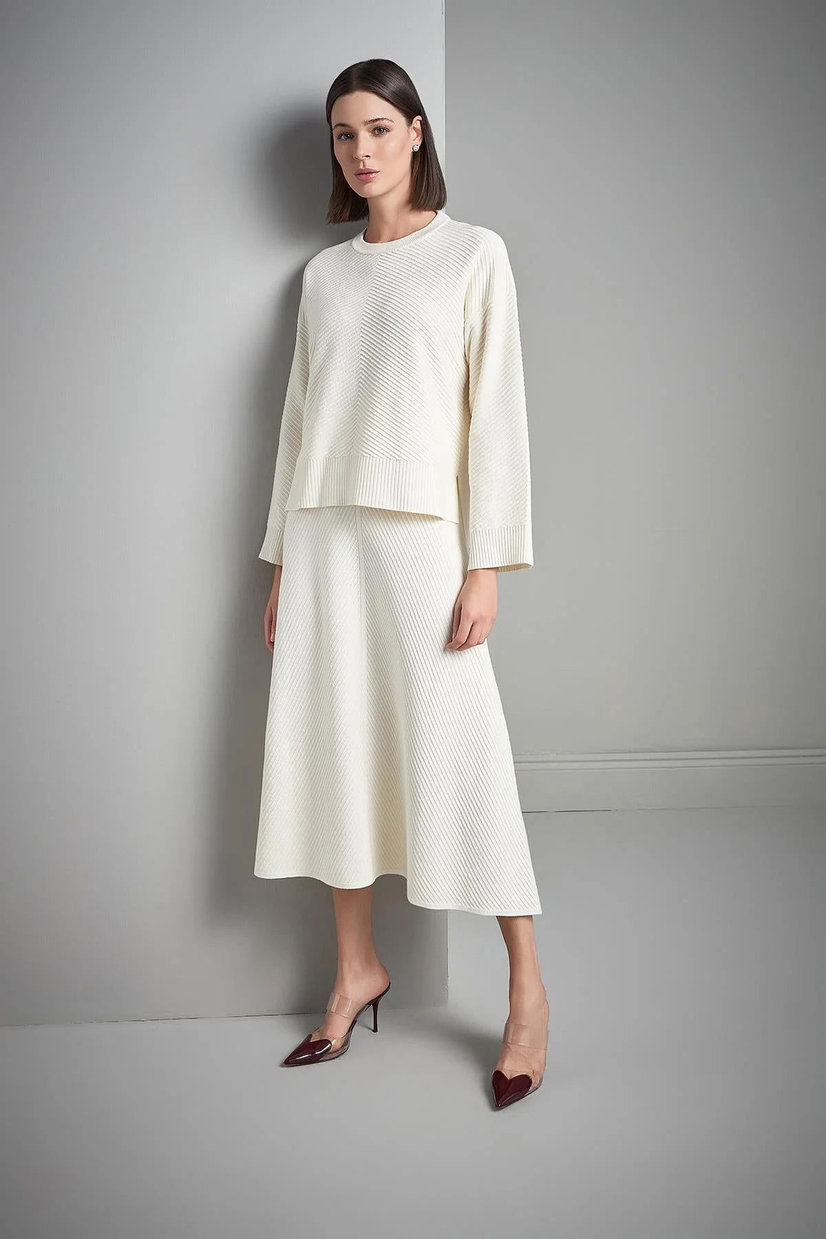 Join Us Kadın Verev Desenli Kloş Midi Triko Etek W120 Ekru - 3