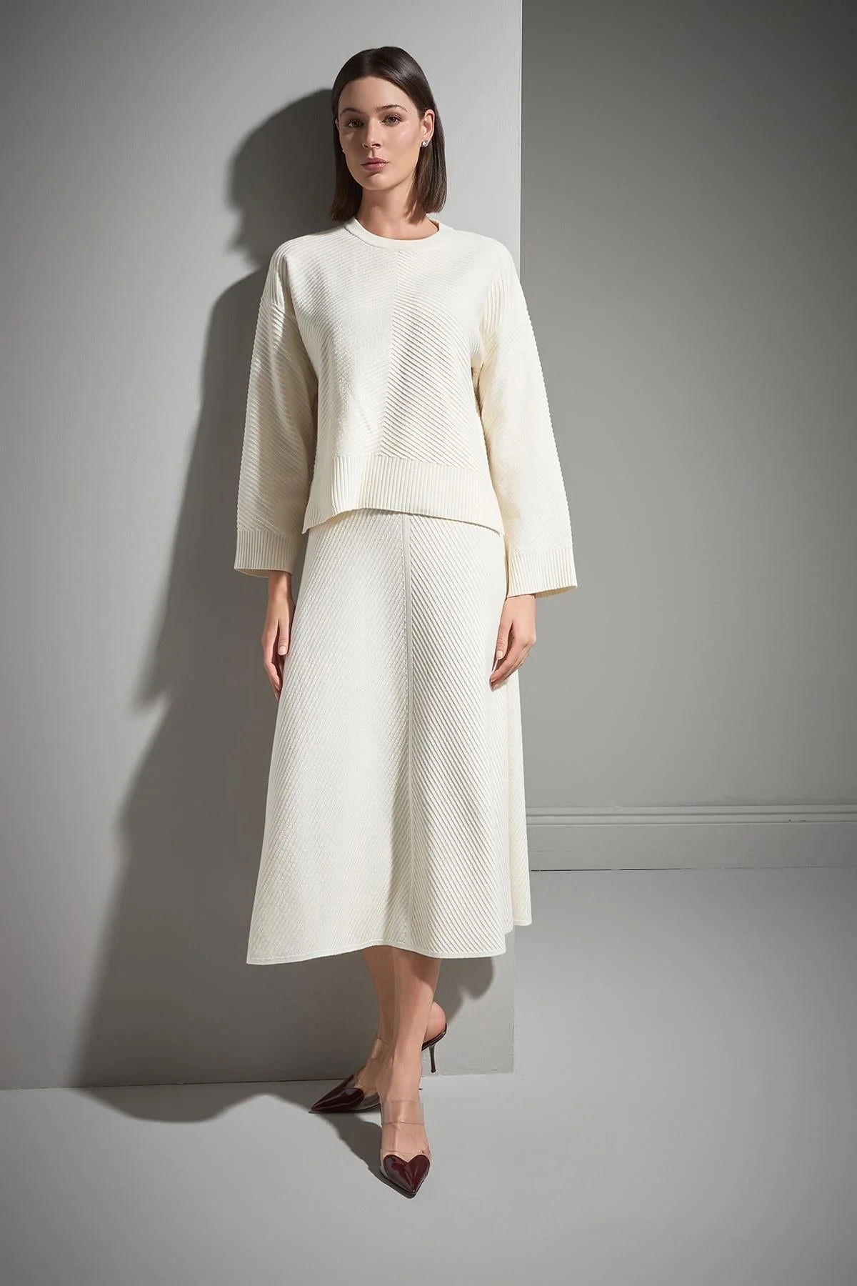 Join Us Kadın Verev Desenli Kloş Midi Triko Etek W120 Ekru - 4