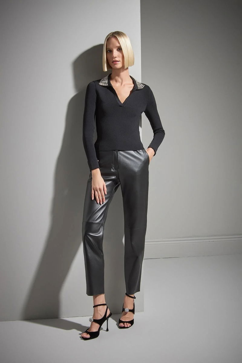 Join Us Kadın Yakası Taşlı Triko Kazak W039 Siyah - 3