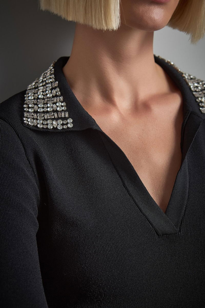 Join Us Kadın Yakası Taşlı Triko Kazak W039 Siyah - 4