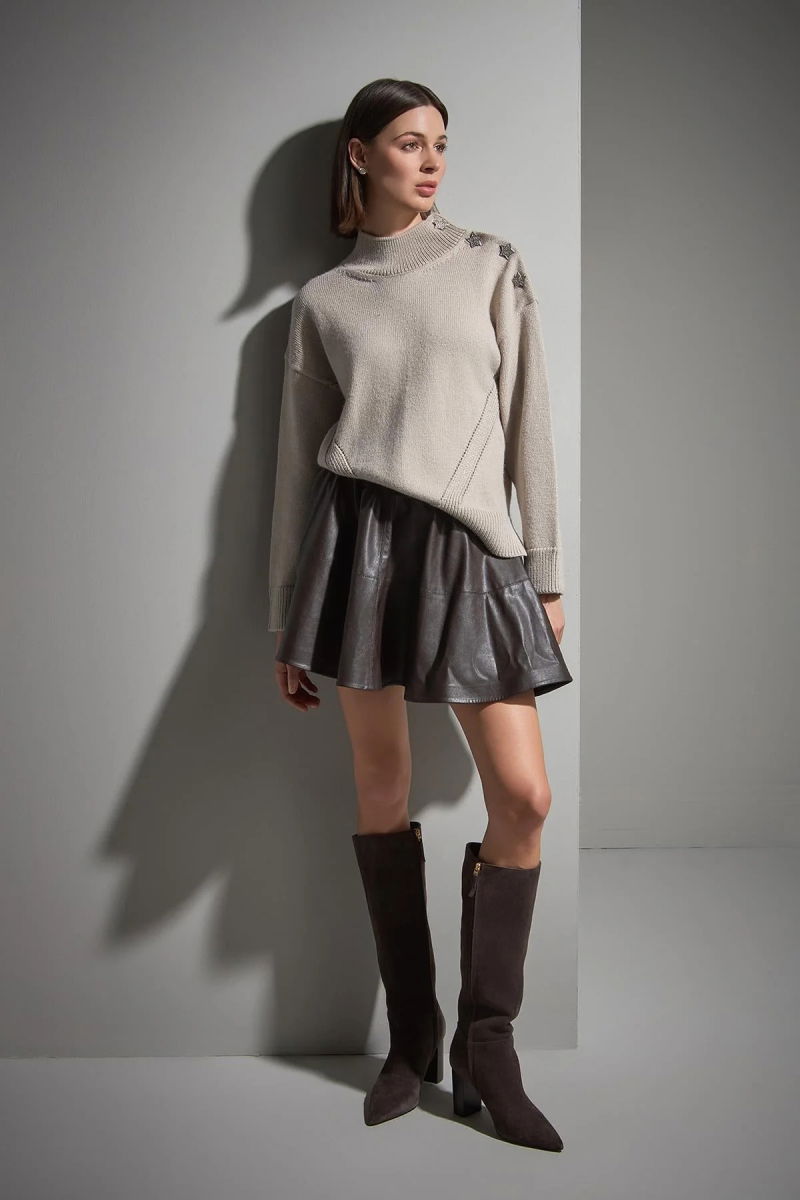 Join Us Kadın Yıldız Düğme Detaylı Simli Triko Kazak W056 Bej - Join Us