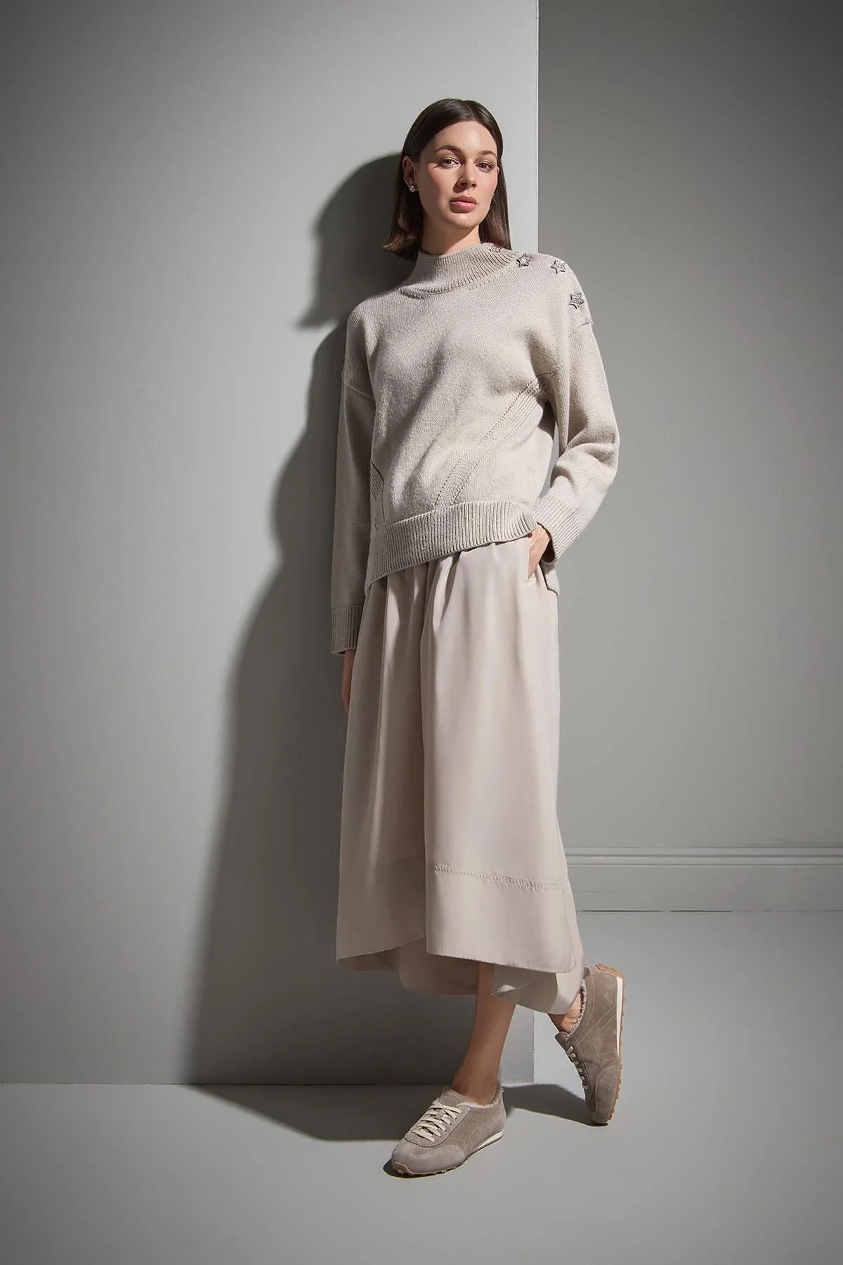 Join Us Kadın Yıldız Düğme Detaylı Simli Triko Kazak W056 Bej - 2