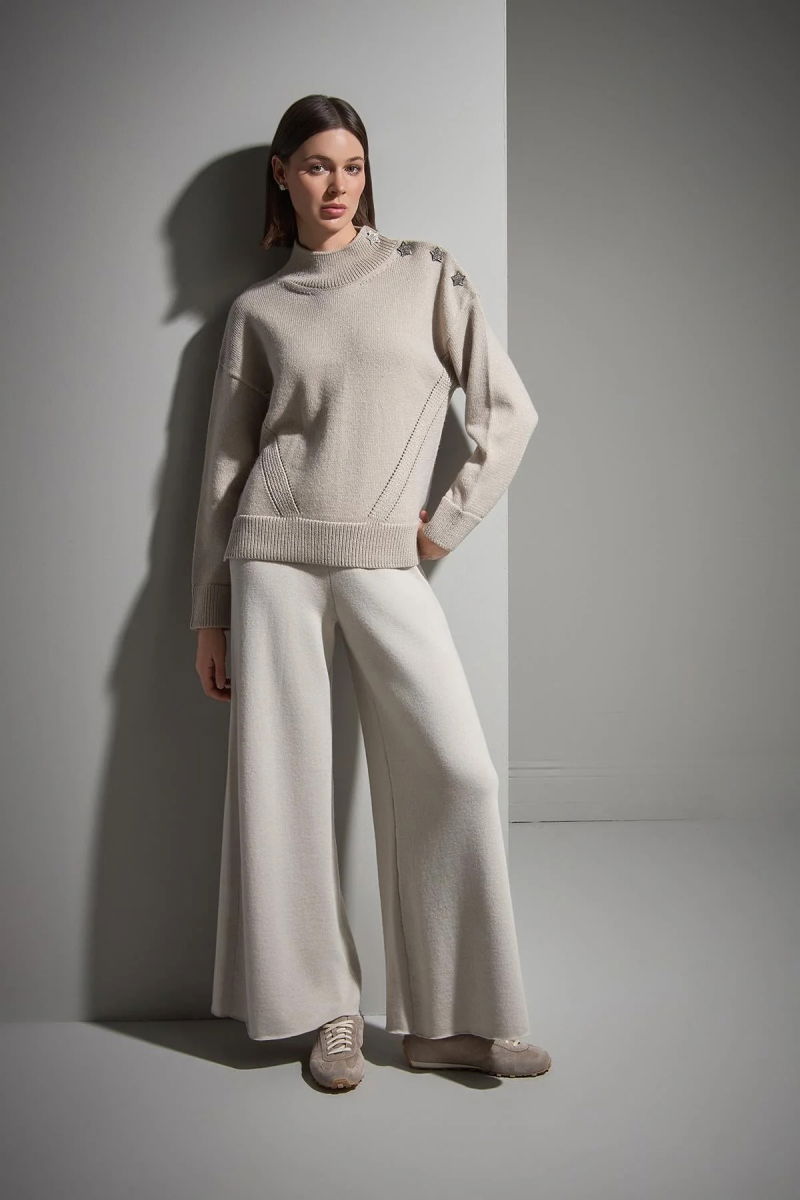 Join Us Kadın Yıldız Düğme Detaylı Simli Triko Kazak W056 Bej - 3