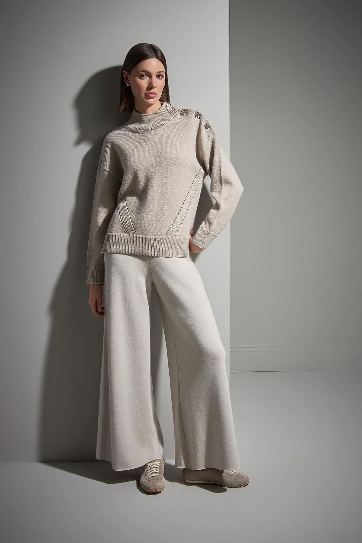 Join Us Kadın Yıldız Düğme Detaylı Simli Triko Kazak W056 Bej - 3