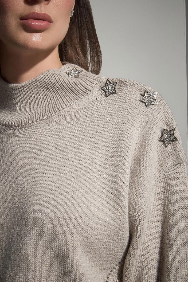 Join Us Kadın Yıldız Düğme Detaylı Simli Triko Kazak W056 Bej - 4