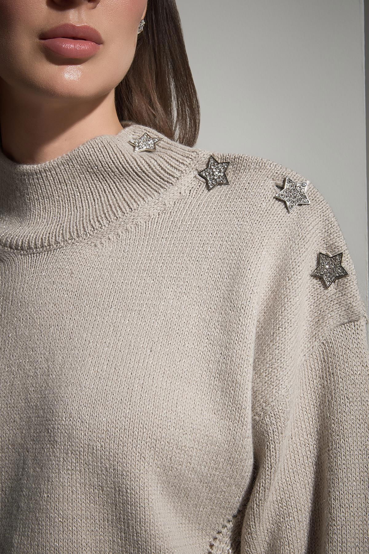 Join Us Kadın Yıldız Düğme Detaylı Simli Triko Kazak W056 Bej - 4