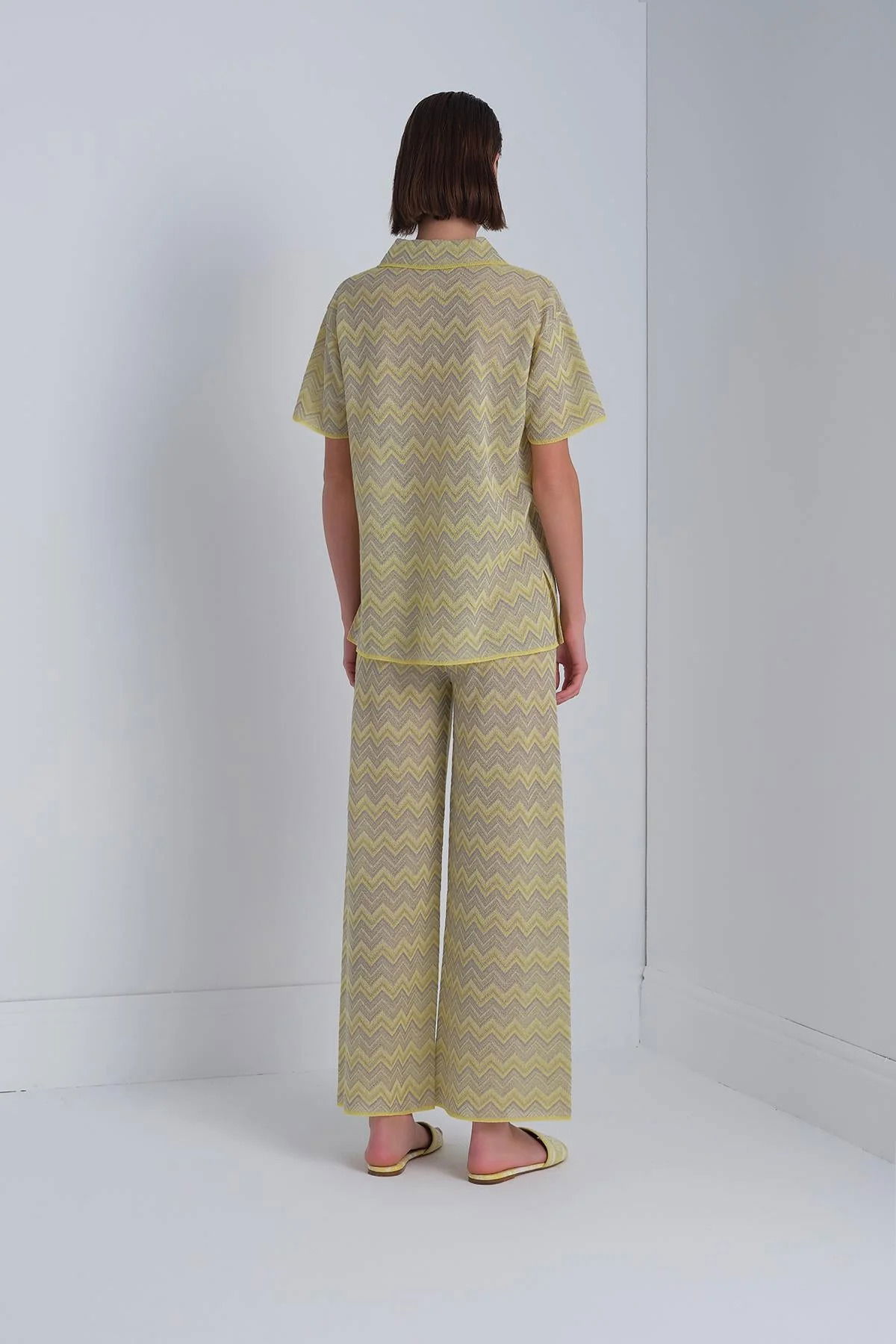 Join Us Kadın Zikzak Desen Bol Paça Pantolon S101 Sarı - 4
