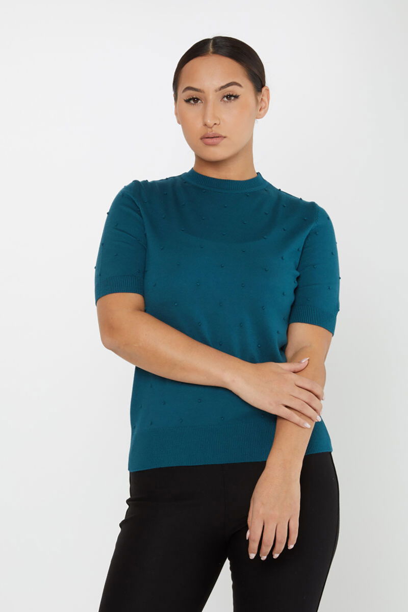 Kazee Kadın Kendinden Dokumalı Amerikan Model Kısa Kol Triko Kazak 30131 Petrol - Kazee